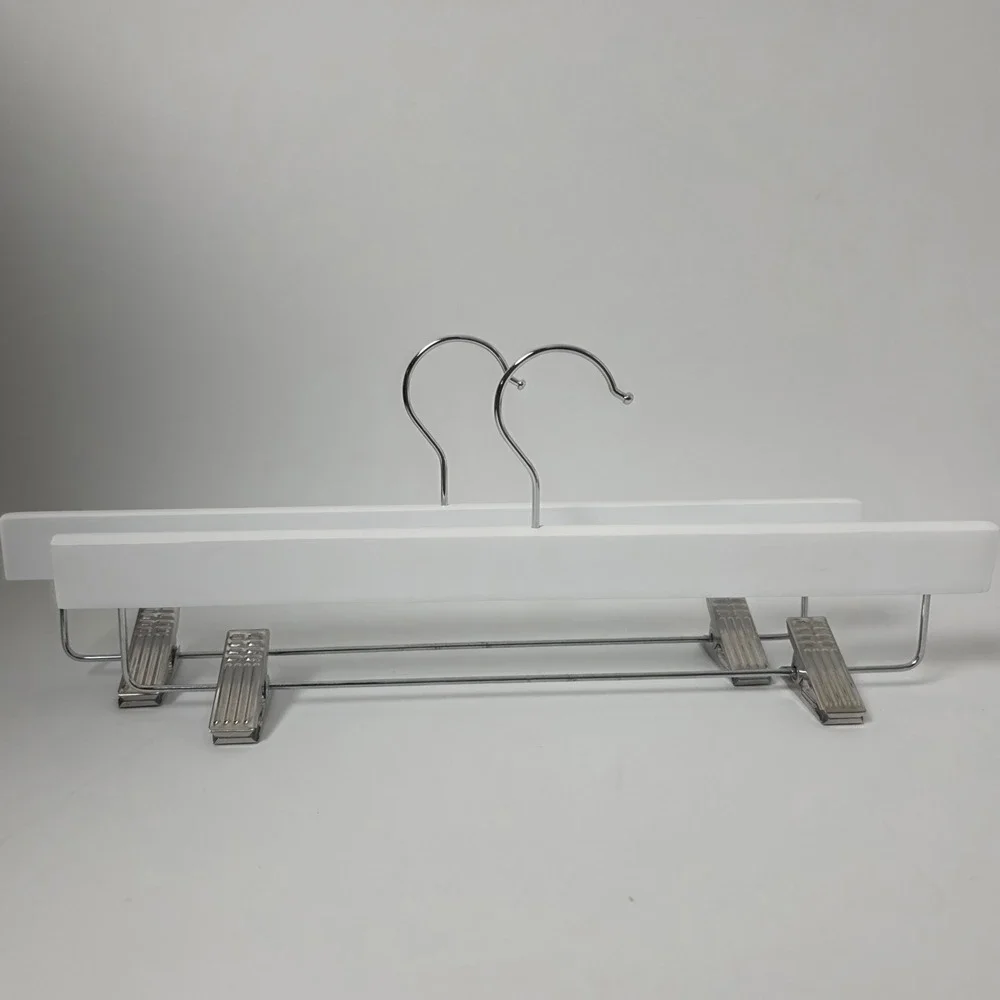 Two Pack White Wood Pant Hangers with Adjustable Metal Clips and Swivel Hook